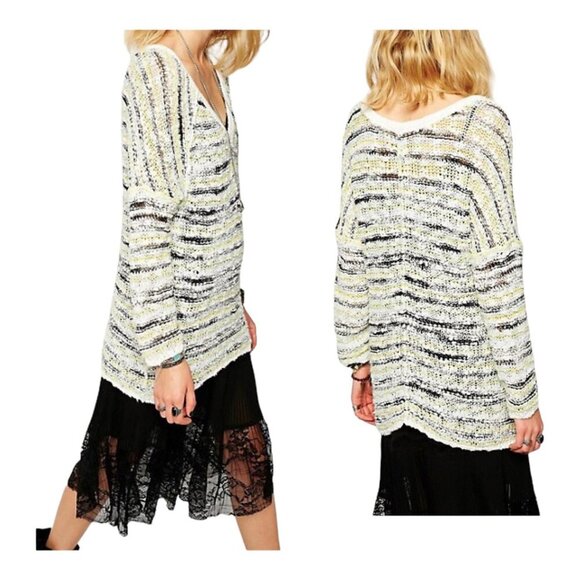 Free people marled Songbird V neck sweater in white/gray/yellow/aqua.size XS - Picture 1 of 9
